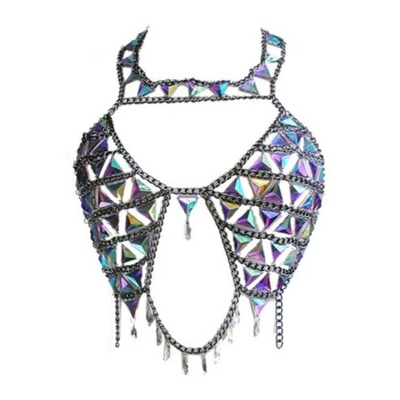 RAVE WONDERLAND DOLLS KILL Iridescent Gem Jewelry Crop Top Crystal Chain Bra - Picture 5 of 15